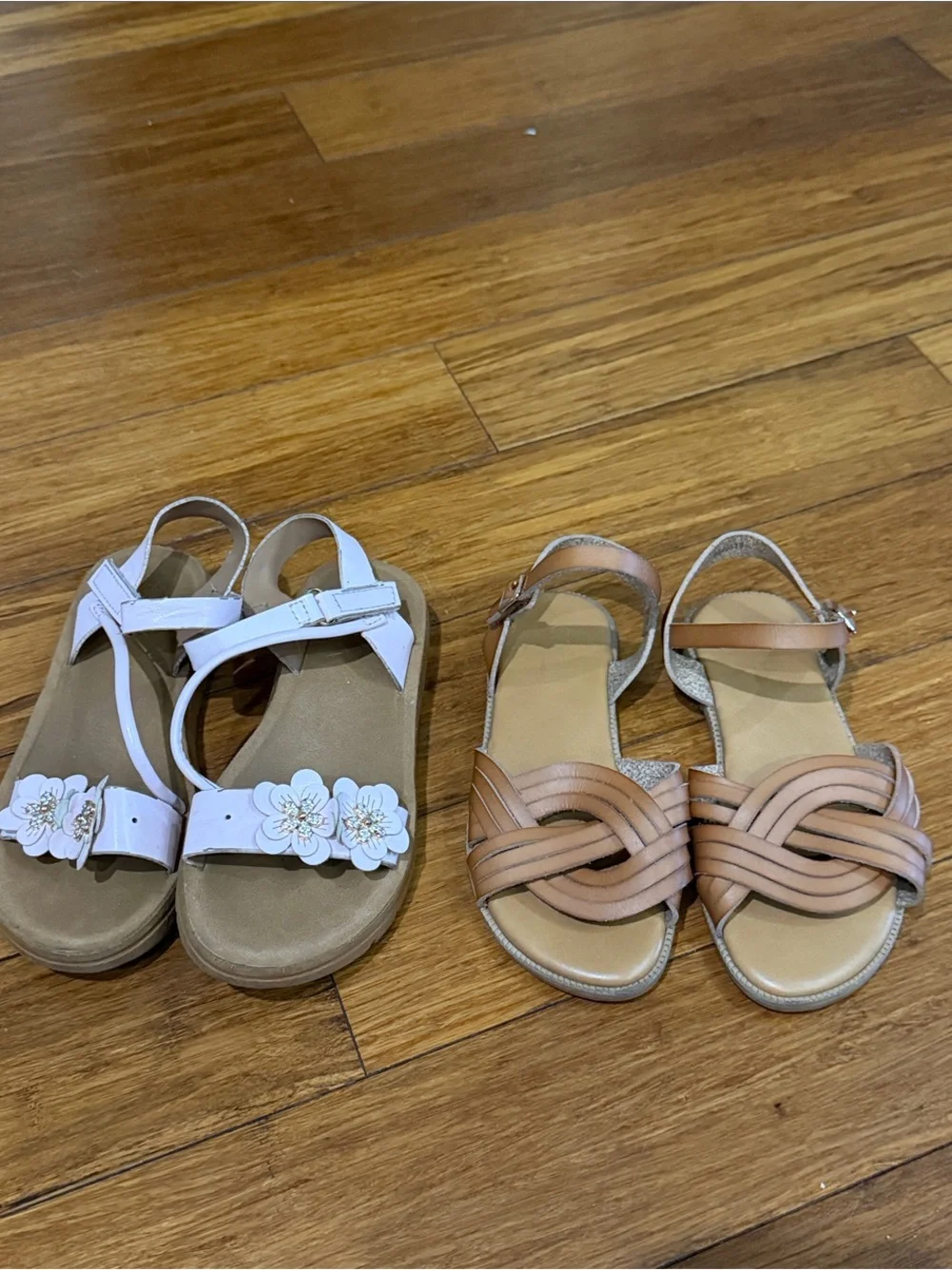 Bundle 2x Girl pink Floral Sandals and Tan Braided Strap Sandals size 12